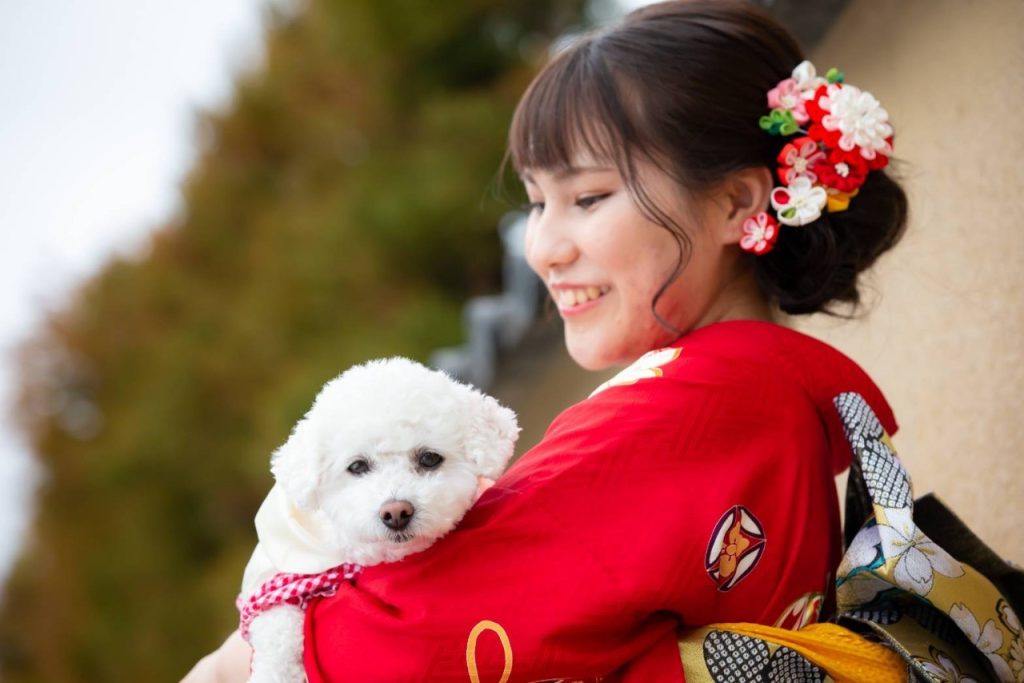 赤い振袖を着て白い犬を抱いた女性