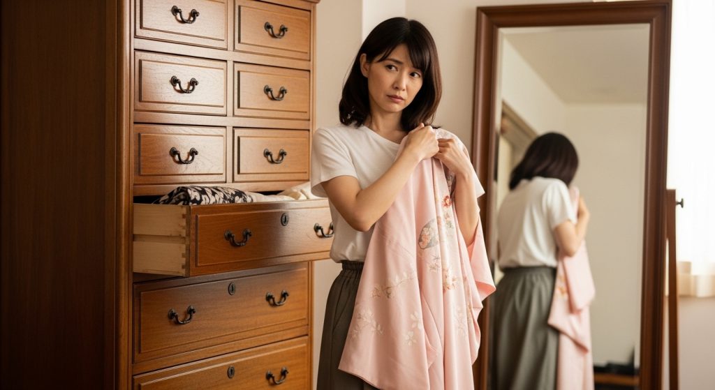 ピンク色の着物をタンスから出し、自分が着られるか悩んでいる母親